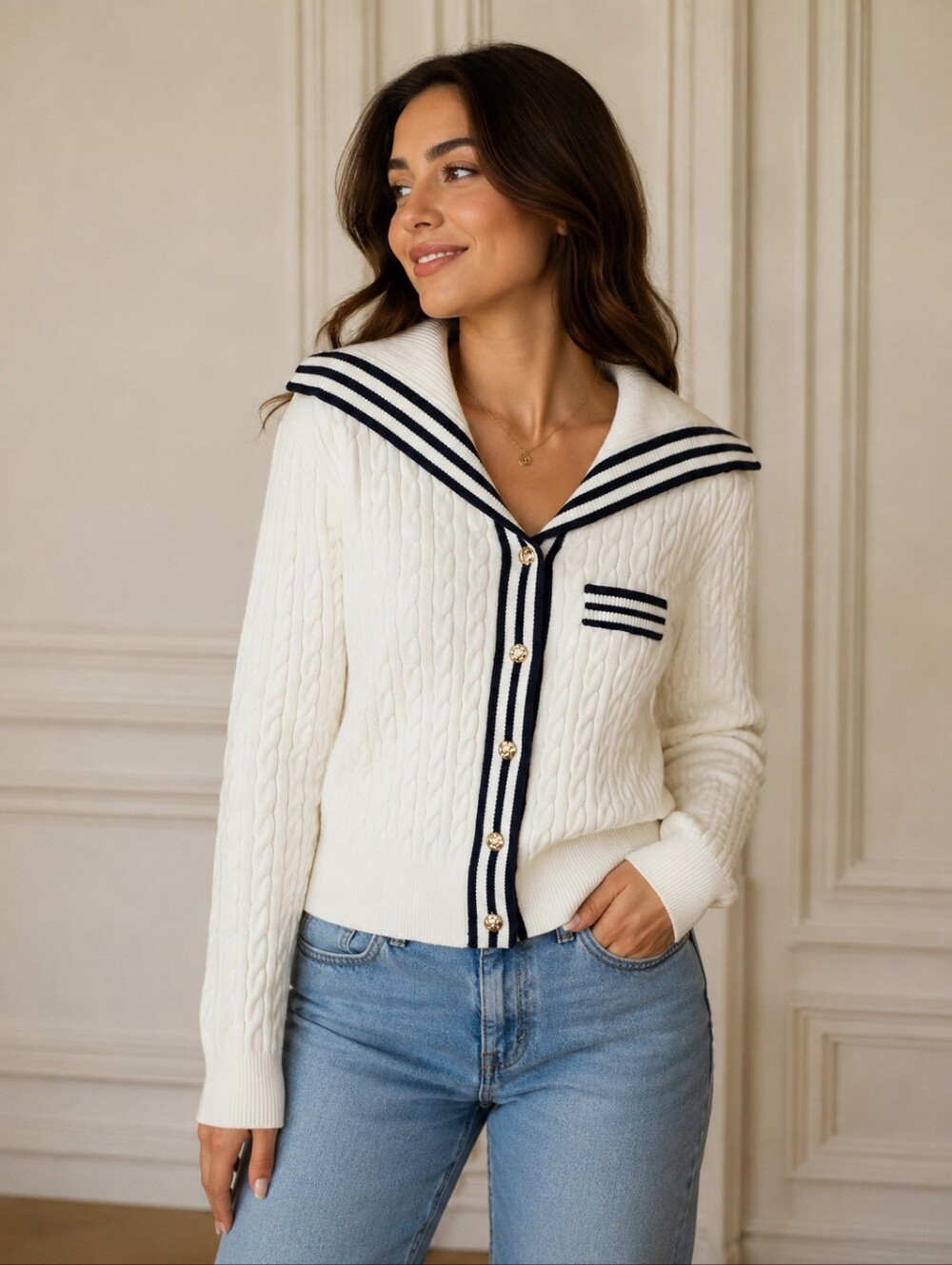 Cable-Knit Cardigan Sweater V-Neck Sailor Striped Trim Navy Cream Nautical Crop